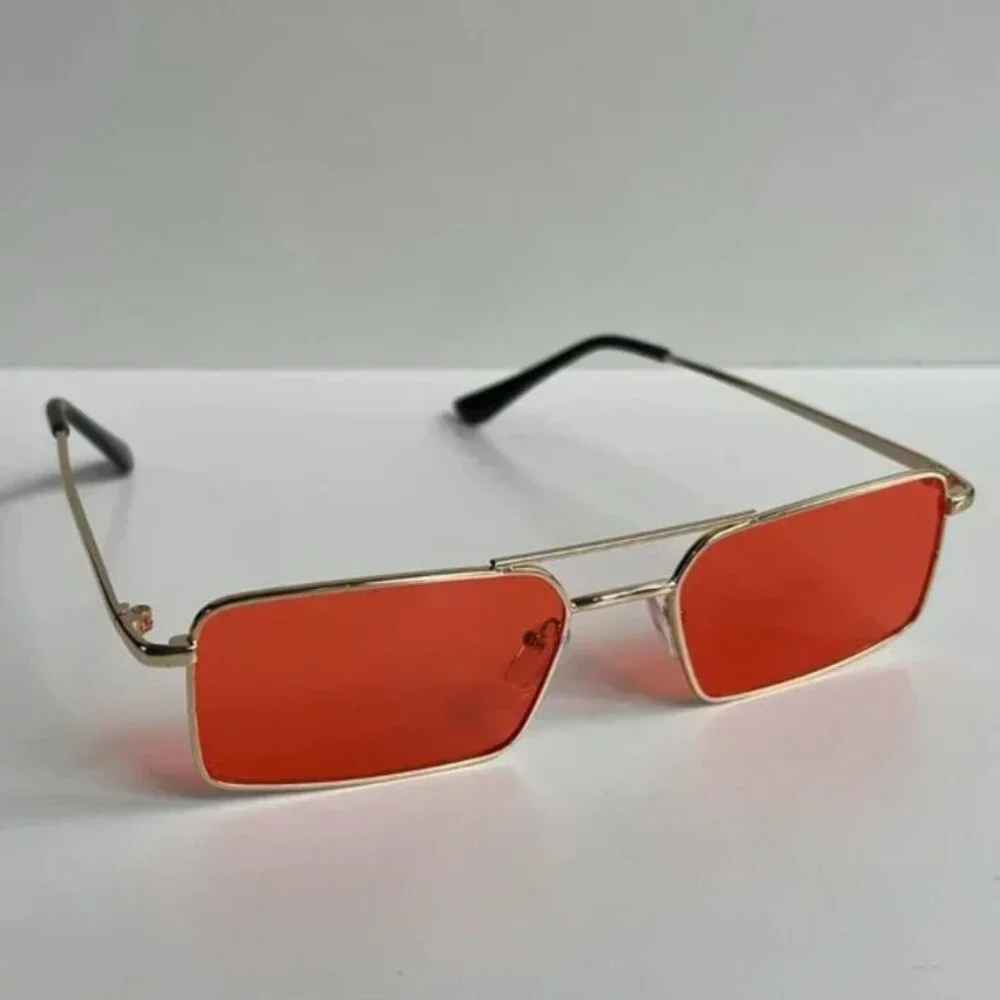 vintage y2k 90s 2000s unique slim gold trim red lens sunglasses